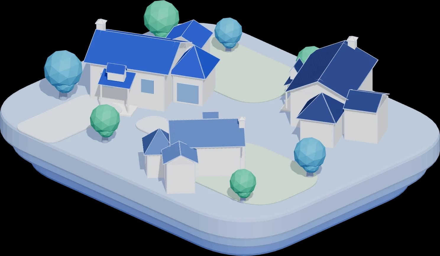 An isometric illustration of three white houses with blue roofs on a floating pale-blue island, with trees, lawns and a driveway.