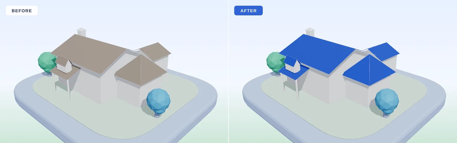 A before/after render of the same house: a weathered warm-grey shingle roof on the left, a new deep-blue standing-seam metal roof on the right.