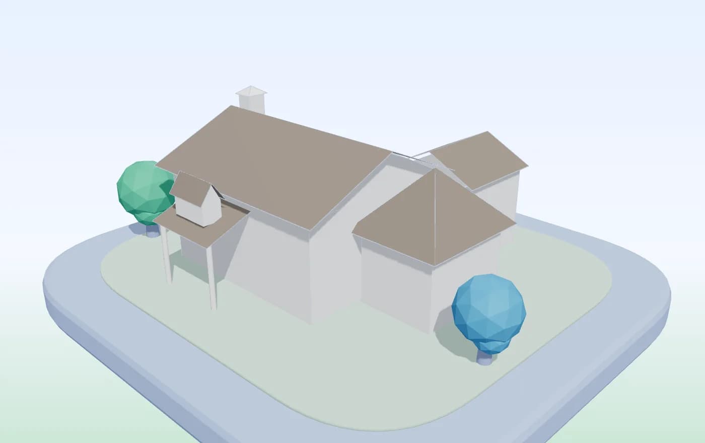 A render of a white house with a weathered warm-grey shingle roof.