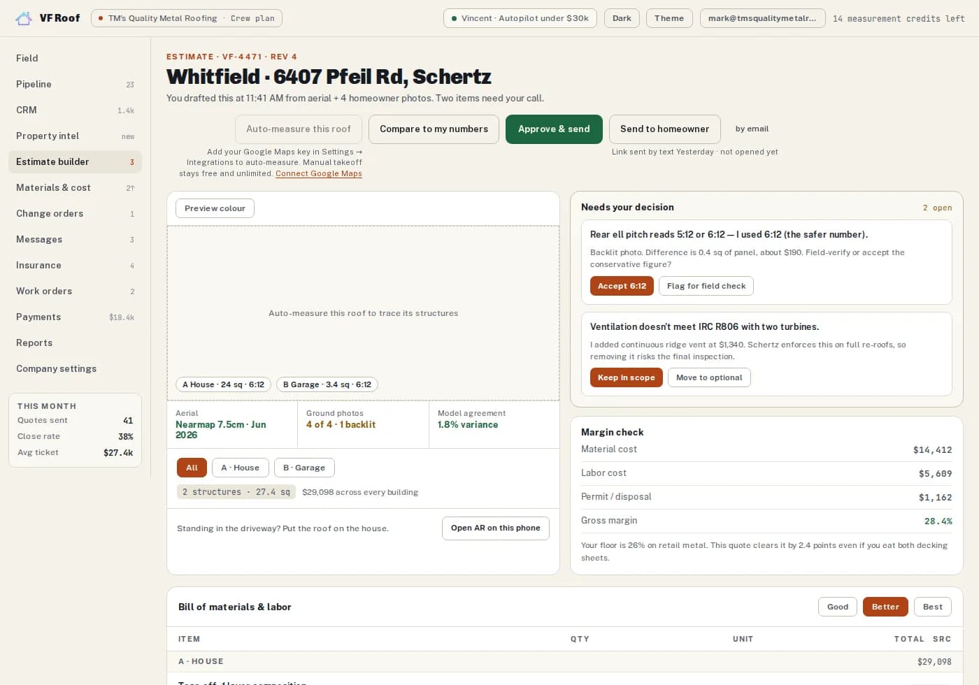 The VF Roof estimate builder, showing priced line items