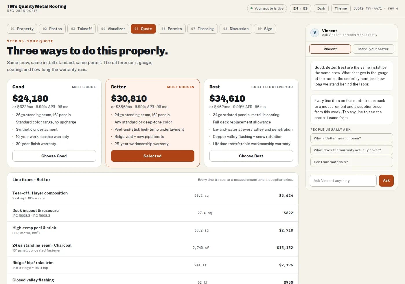 The homeowner portal's quote step, showing three priced tiers